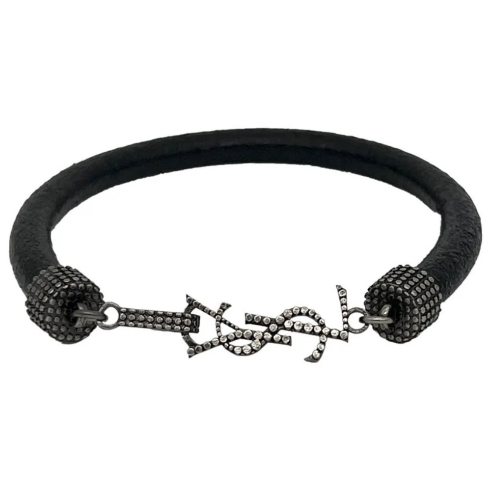 YSL Studded  Leather Bracelet with Silver Accents